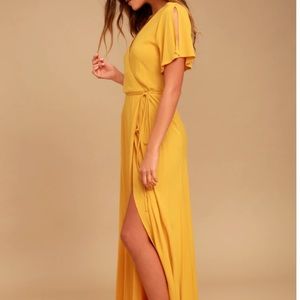 Lulus Much Obliged Golden Yellow Wrap Maxi Dress medium